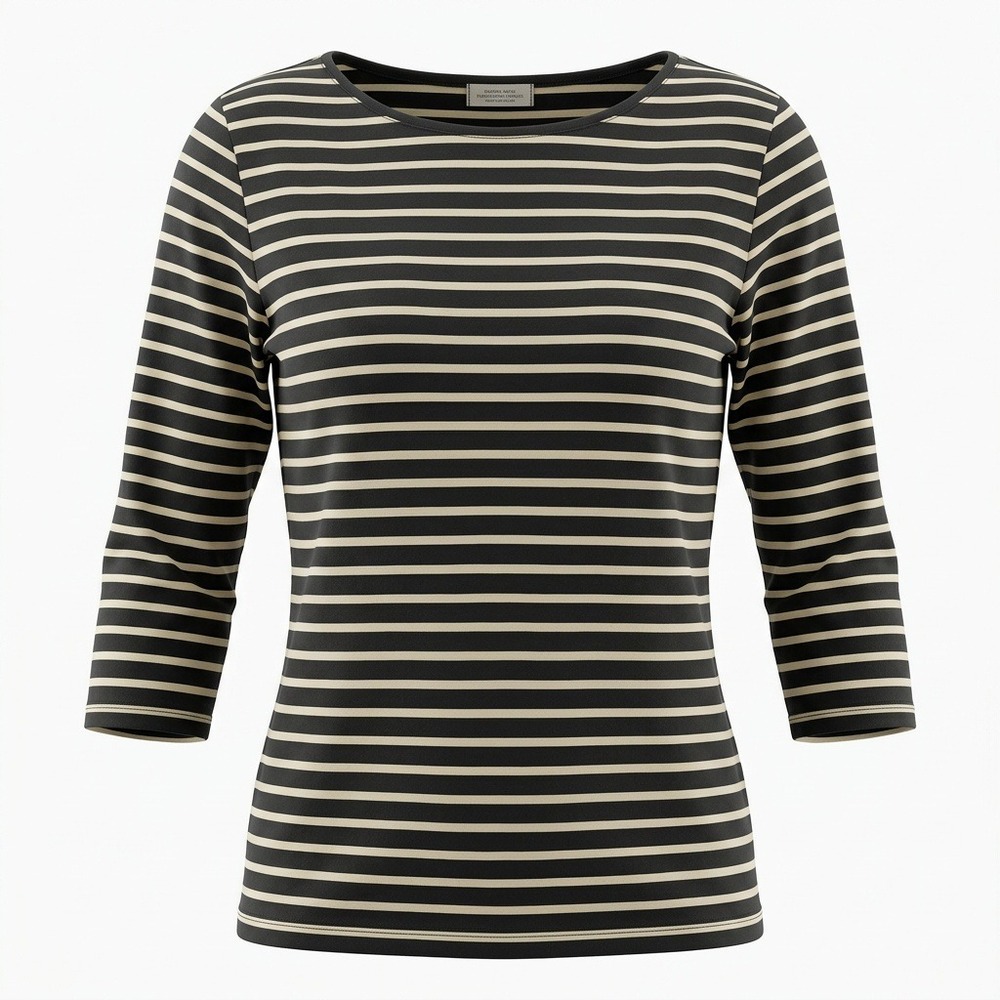 Vintage Zara Womens Organic Cotton Striped Boat Neck 3/4 Sleeve,Black Cream‎ Lg